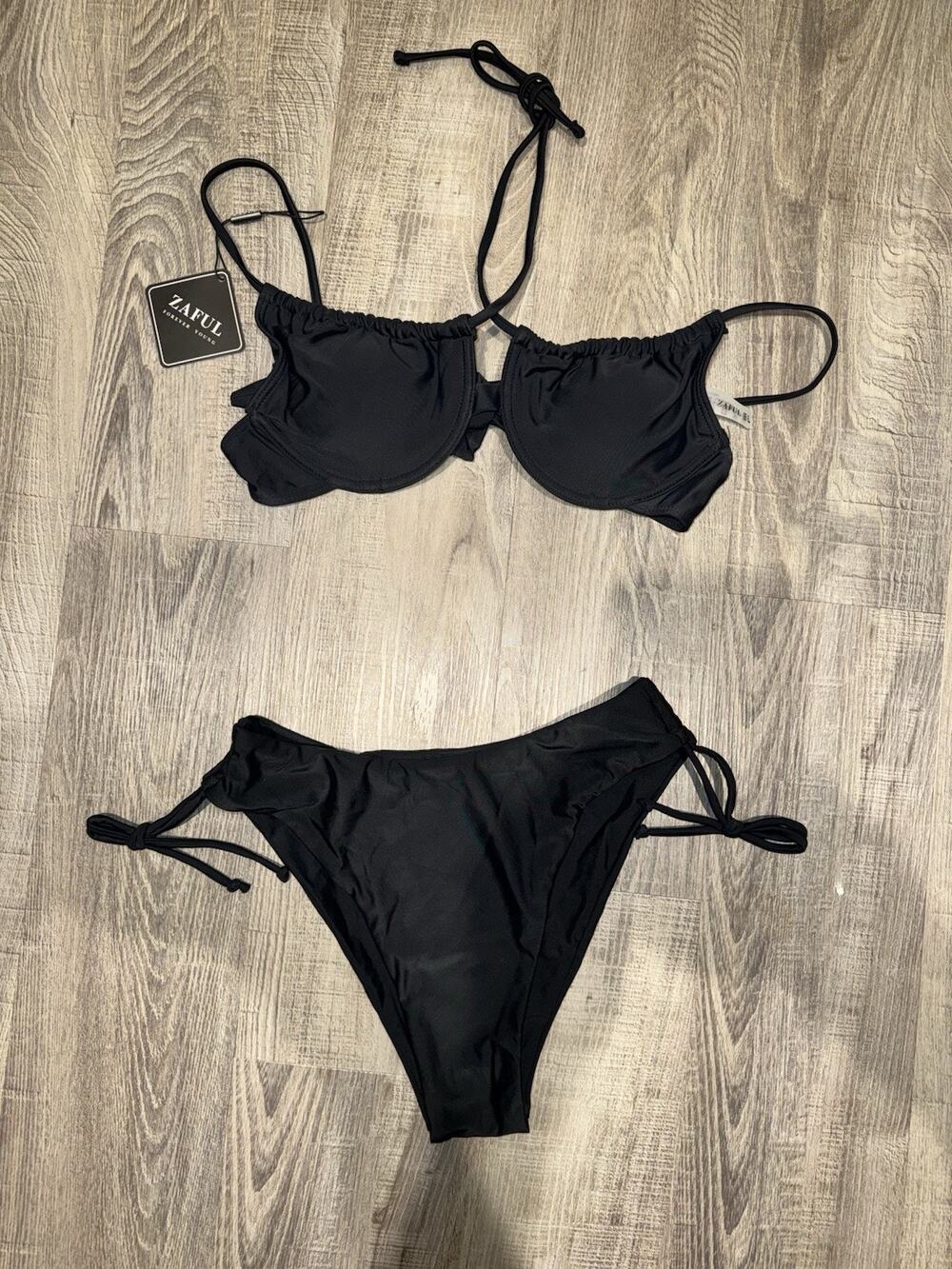 Zaful Black Underwire Bikini Set Tie Side Halter Swimsuit NWT Women’s S